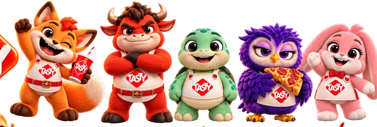 Os cinco personagens da turma Tasty reunidos