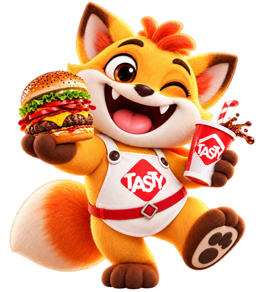 Mascote Tasty com hambúrguer e bebida