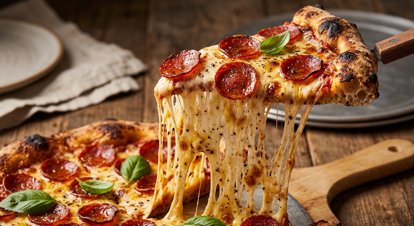 Fatia de pizza de pepperoni com queijo derretido